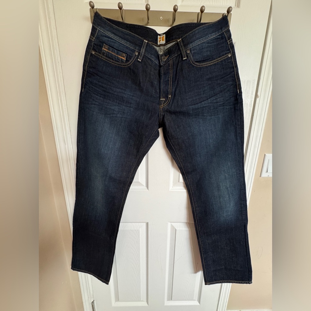 Hugo Boss Orange Jeans Mens 38x34 Blue Straight Leg Button Fly Dark Wash Denim